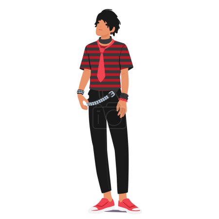 Illustration for Emo Man Subculture Is Characterized By Emotional Sensitivity, Introspective Lyrics, Skinny Jeans, Band Tees, And A Penchant For Dark, Expressive Hairstyles And Makeup. Cartoon Vector Illustration - Royalty Free Image