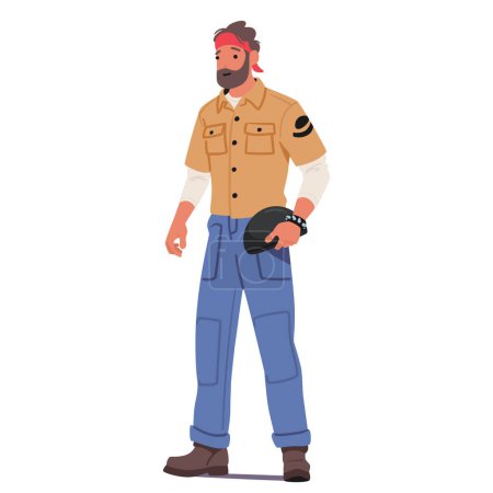 Illustration for Biker Man Subculture, Rebellious And Free-spirited Bearded Male Character with Helmet In Hand, Embraces Open Road, Reflecting A Sense Of Adventure And Camaraderie. Cartoon People Vector Illustration - Royalty Free Image