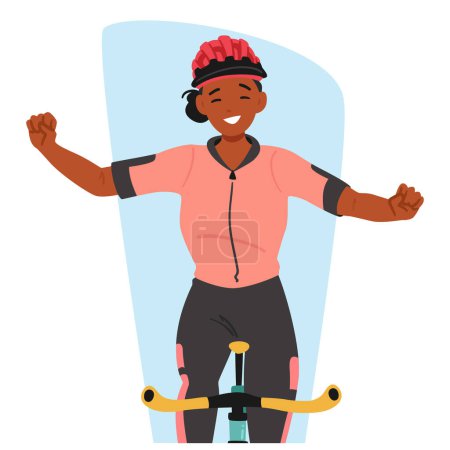 Personaje femenino ciclista triunfante exuberantemente levantó un puño victorioso, radiante con una sonrisa radiante, encarnando la alegría pura de la deportividad y la realización. Dibujos animados Gente Vector Ilustración