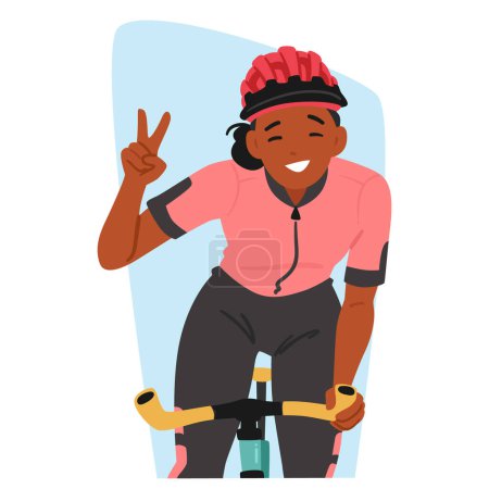 Téléchargez les illustrations : Pédales cyclistes Sportswoman avec un sourire rayonnant et un geste de victoire, incarnant la joie en mouvement. La rotation rythmique des roues reflète le bonheur rayonnant du visage du cavalier. Illustration vectorielle des personnes - en licence libre de droit