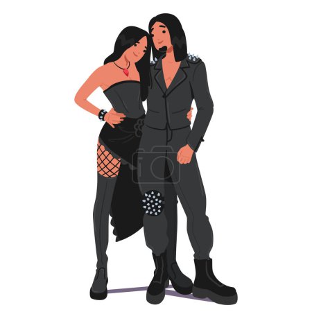 Illustration for Goth Subculture Couple Embodies A Dark, Romantic Aesthetic, Featuring Black Clothing, Victorian-inspired Accessories, Makeup Accentuating Pallor, And A Shared Appreciation For Gothic Music And Art - Royalty Free Image