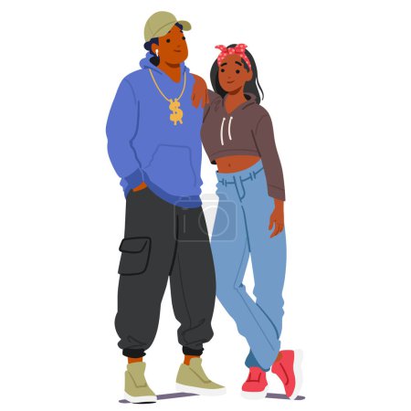 Illustration for Hip-hop Subculture Couple Characters Embrace Urban Fashion And Rhythm-driven Music. They Embody Creativity, Authenticity, And A Dynamic Connection. Cartoon People Vector Illustration - Royalty Free Image