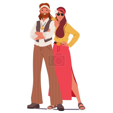 Free-spirited Hippie Subculture Couple Embraces Peace, Love, And Harmony. Their Attire Features Flowing Fabrics, Reflecting A Laid-back Lifestyle Rooted In Countercultural Ideals From The 60s, Vector