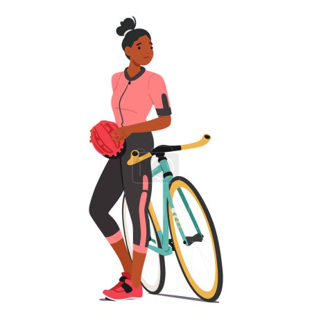 Ilustración de Deportiva confiada Ciclista Carácter femenino se destaca, exudando determinación junto a su elegante bicicleta, lista para conquistar terrenos desafiantes con un enfoque inquebrantable. Ilustración de vectores de dibujos animados - Imagen libre de derechos