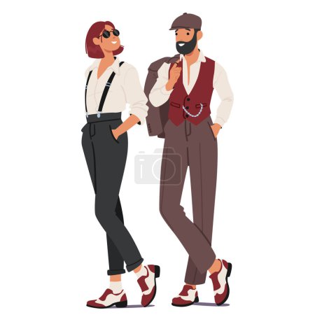 Dandy Subculture Couple Embody Elégance et Flamboyance. Leurs caractéristiques de mode costumes sur mesure, accessoires extravagants, et toilettage méticuleux, reflétant l'esthétique raffinée et l'excellence, vecteur