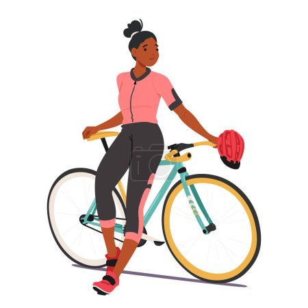 Carácter de ciclista mujer cansada, vestida con atuendo deportivo, encuentra reposo sentada sobre el elegante marco de la bicicleta, encarnando un momento de serena relajación. Dibujos animados Gente Vector Ilustración