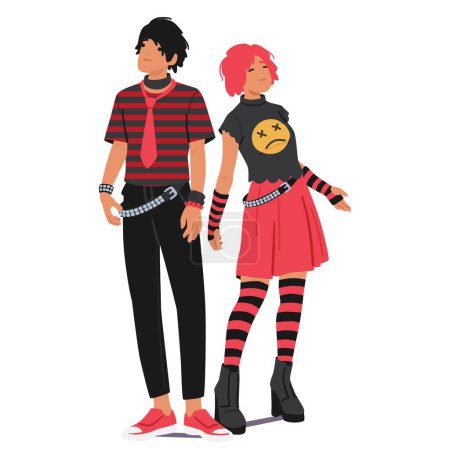 Illustration for Emo Subculture Couple Shares A Deep Bond Over Music And Fashion, Embracing Tight Jeans, Band Tees, Expressive Hairstyles, And Eyeliner, United By Intense Emotion And Sensitivity. Vector Illustration - Royalty Free Image