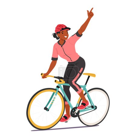 Illustration for Triumphant Cyclist Female Character Exuberantly Raised Victorious Gesture, Beaming With A Radiant Smile, Embodying The Sheer Joy Of Sportsmanship And Accomplishment. Cartoon People Vector Illustration - Royalty Free Image