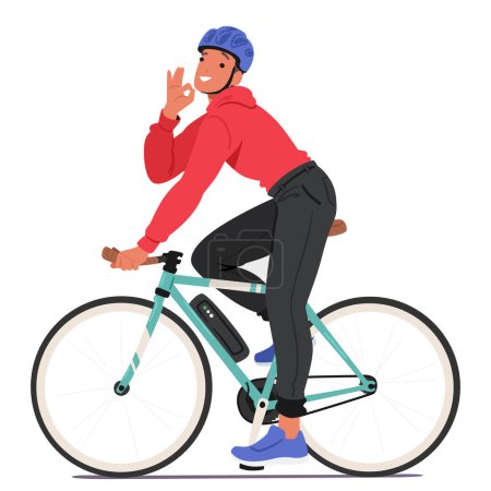 Illustration for Man Character Effortlessly Glides Through The City Streets On Electric Bicycle, His Posture Relaxed, Enjoying The Quiet, Eco-friendly Ride Amidst The Urban Bustle. Cartoon People Vector Illustration - Royalty Free Image