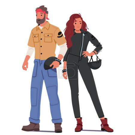 Illustration for Biker Subculture Couple Embodies Freedom, Rebellion, And Loyalty, Clad In Leather, Riding Together On Roaring Motorcycles, United By A Love For The Open Road And A Sense Of Brotherhood, Vector - Royalty Free Image