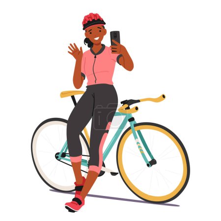 Carácter femenino de ciclista deportista relajada se posa en su marco de bicicleta, sosteniendo el teléfono inteligente y saludando la mano, encarnando la alegría y la satisfacción. Dibujos animados Gente Vector Ilustración