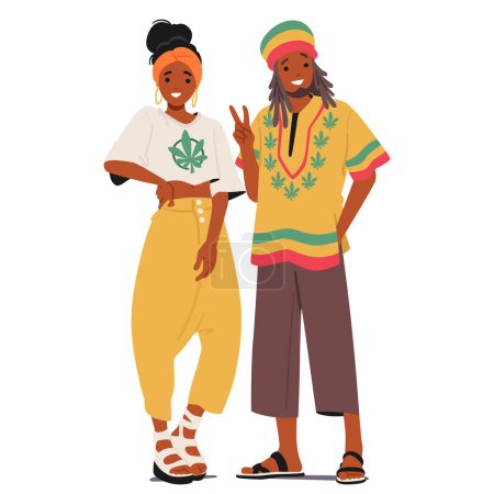 Das Reggae-Rasta-Subkultur-Paar verkörpert vibrierende Dreadlocks, verziert in Grün, Gelb und Rot, strahlenden Frieden, Liebe und Einheit mit entspanntem, Reggae-inspiriertem Vibe. Cartoon People Vektor Illustration