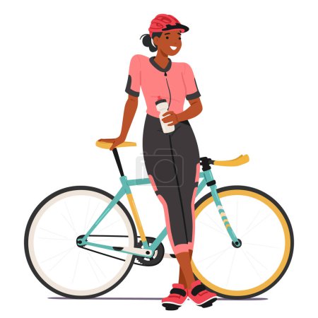 Personnage féminin cycliste serein se tient près du vélo avec bouteille d'eau à la main et sourire, saveurs un moment de repos, sirotant de l'eau fraîche, incorporant la tranquillité dans l'esprit sportif. Illustration vectorielle