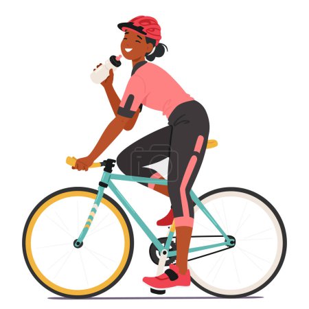 Téléchargez les illustrations : Cycliste dédiée Sportswoman pédale gracieusement le vélo, fusionnant sans couture avec le rythme de la route. S'arrêtant brièvement pour s'hydrater, elle sirote de l'eau rafraîchissante qui alimente le voyage. Illustration vectorielle - en licence libre de droit