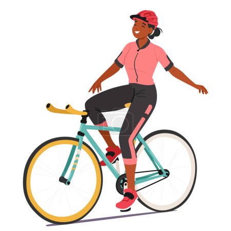 Illustration for Sportswoman Cyclist Gracefully Rides, Arms Outstretched, Embodying Triumph And Freedom. Testament To Strength, Skill, And The Sheer Joy Of Conquering The Open Road. Cartoon People Vector Illustration - Royalty Free Image