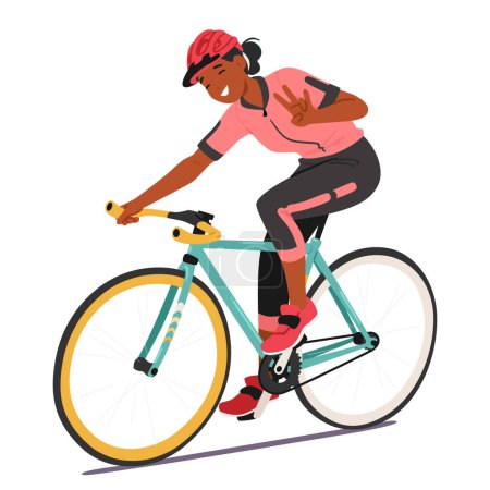 Illustration for Sportswoman Cyclist Female Character Confidently Rides her Bike, While Flashing The Iconic Victory Gesture, Girl Exuding A Spirit Of Determination And Enthusiasm. Cartoon People Vector Illustration - Royalty Free Image