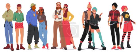 Unterschiedliche Subkultur-Paare. Punks, Emo, Skinheads, Hip-Hopper, Hippies, moderne männliche und weibliche Charaktere, die extravagante Kleidung und Frisuren tragen. Cartoon People Vektor Illustration