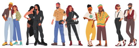 Unterschiedliche Subkultur-Paare. Hipster, Goth und Dandy, Biker mit Rastaman Reggae männlichen und weiblichen Charakteren bilden eine Gemeinschaft um gemeinsame Interessen oder Identitäten. Cartoon People Vektor Illustration