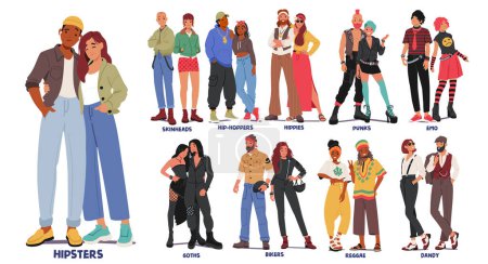 Set Of Different Subculture Couples. Hipster, Punk, Hippie, Goth and Emo, Dandy, Skinhead, Biker, Reggae Rastaman with Hip Hopper Male and Female Characters. Cartoon People Vector Illustration