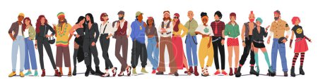 Unterschiedliche Subkultur-Menschen. Hipster, Punk, Hippie, Goth und Emo, Dandy Skinhead, Biker, Rastaman Reggae mit Hip Hopper männlichen und weiblichen Charakteren Community Row. Cartoon People Vektor Illustration