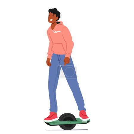 Illustration for Teenager Male Character Glides Effortlessly On A Onewheel, Mastering Balance With Ease, Showcasing Impressive Agility And Confidence, Carving Urban Landscapes. Cartoon People Vector Illustration - Royalty Free Image