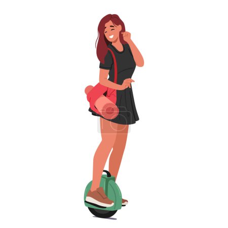 Ilustración de La mujer se equilibra graciosamente en un monociclo eléctrico, con una estera de yoga metida en su bolso. Personaje femenino joven que se apresura para practicar o clase de fitness en el gimnasio. Dibujos animados Gente Vector Ilustración - Imagen libre de derechos