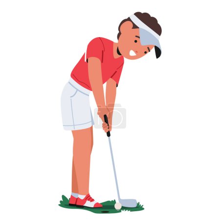 Illustration for Young Boy Character In A Polo Shirt And Cap, Focuses Intently, Swinging His Golf Club With Precision, Aiming For The Distant Green. Little Child Enjoying Golf Game. Cartoon People Vector Illustration - Royalty Free Image