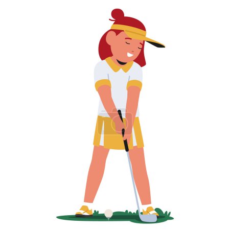 Illustration for Young Girl Character With Focused Determination Practices Her Golf Swing, Clad In Sporty Attire Amidst The Lush, Green Expanse Of A Golf Course. Kid Golfer Training. Cartoon People Vector Illustration - Royalty Free Image