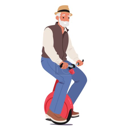 Téléchargez les illustrations : Gentleman âgé manœuvre joyeusement une roue monobloc électrique, embrassant la mobilité moderne avec un sourire, personnage masculin sénior utilise la technologie écologique futuriste. Illustration vectorielle des personnages de bande dessinée - en licence libre de droit