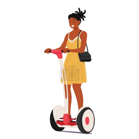 Woman Gracefully Rides Her Segway, Navigating The Streets With A Blend Of Elegance And Modernity, Female Character Effortlessly Gliding Through The Urban Landscape. Cartoon People Vector Illustration