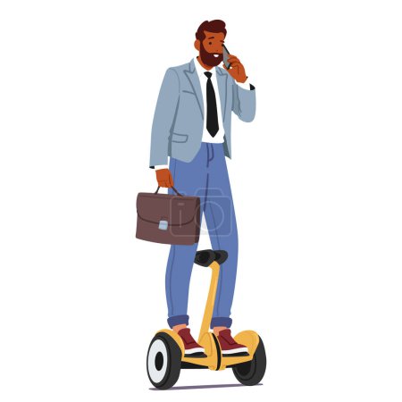 Businessman Character Expertly Balanced On A Segway, Glides Through The Cityscape, His Focused Gaze Locked On The Horizon As He Converses Intently On His Smartphone. Cartoon People Vector Illustration