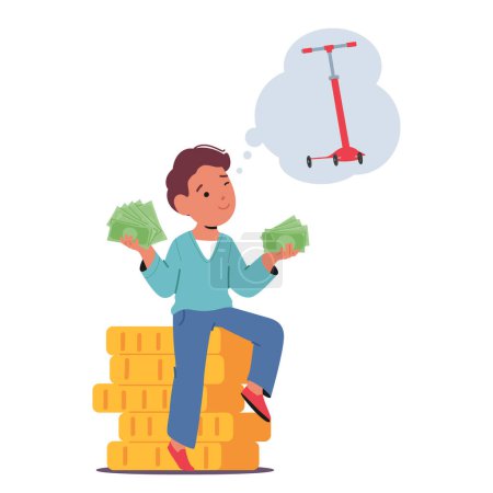 Illustration for Young Boy Character Sits Atop A Mountain Of Cash, Eyes Sparkling With Dreams, Envisioning The Day He Rides His Very Own Scooter, Freedom In His Grasp. Cartoon People Vector Illustration - Royalty Free Image
