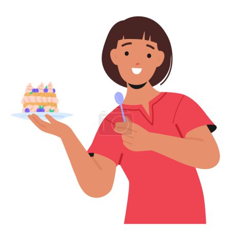 Radiant Woman, Brimming With Pride, Delicately Cradles A Homemade Dessert, Her Eyes Sparkling With Joy And Accomplishment, Inviting Admiration For Her Culinary Creation. Cartoon Vector Illustration