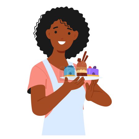 Illustration for Black Woman Holds Homemade Dessert With Pride, Radiating Joy And Accomplishment. The Sweet Aroma And Delectable Creation Reflect Her Passion And Skill In The Art Of Baking. Cartoon Vector Illustration - Royalty Free Image