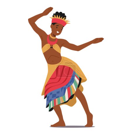 Téléchargez les illustrations : Une danseuse tribale africaine au caractère vibrant et traditionnel se déplace avec une grâce puissante et rythmique, son corps racontant des histoires anciennes à travers chaque mouvement fluide. Illustration vectorielle des personnages de bande dessinée - en licence libre de droit
