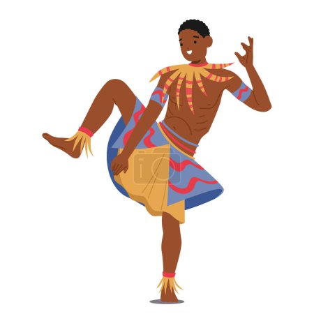 Ilustración de African Male Tribal Dancer Character In Vibrant Traditional Attire, Energetically Leaps And Gyrates, His Body Art Telling Ancient Stories Through Rhythmic Movements (en inglés). Dibujos animados Gente Vector Ilustración - Imagen libre de derechos