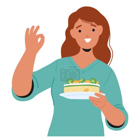 Illustration for Woman Character Beams With Pride, Cradling A Homemade Dessert and Showing Ok Gesture, Its Inviting Aroma And Decoration A Testament To Her Culinary Prowess And Love. Cartoon People Vector Illustration - Royalty Free Image