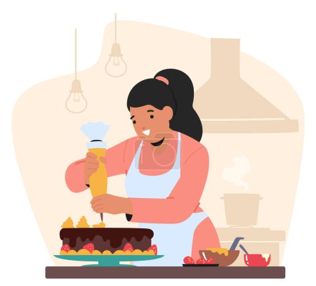 Ilustración de La mujer adorna delicadamente un pastel en su cocina, aplicando hábilmente el hielo vibrante y las decoraciones intrincadas, creando una obra maestra culinaria con pasión y precisión. Dibujos animados Gente Vector Ilustración - Imagen libre de derechos