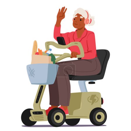 Illustration for Senior Woman Confidently Navigates The City Streets In Her Compact, Eco-friendly Electric Vehicle, Modern Old Character Embracing Sustainable Travel With A Smile. Cartoon People Vector Illustration - Royalty Free Image