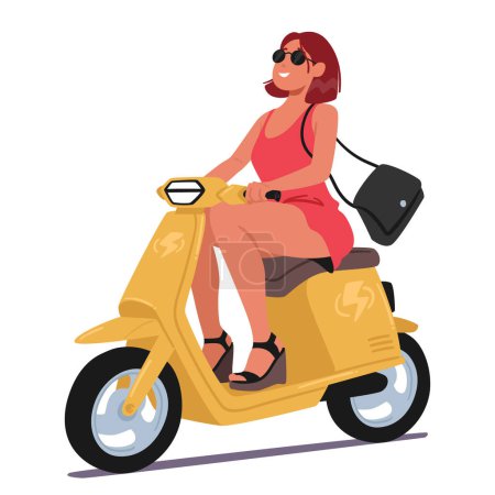 Illustration for Woman Gracefully Maneuvers Her Electric Moped Through City Streets, Effortlessly Gliding With Eco-friendly Efficiency, Embodying A Modern And Sustainable Mode Of Transportation. Cartoon Illustration - Royalty Free Image
