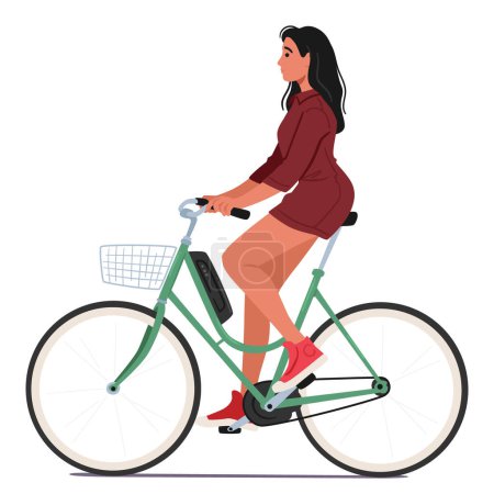Ilustración de Personaje de la mujer maniobra con gracia una bicicleta eléctrica a través de las calles de la ciudad, disfrutando de un paseo suave y respetuoso con el medio ambiente con pedaleo sin esfuerzo, abrazando el futuro del transporte sostenible - Imagen libre de derechos