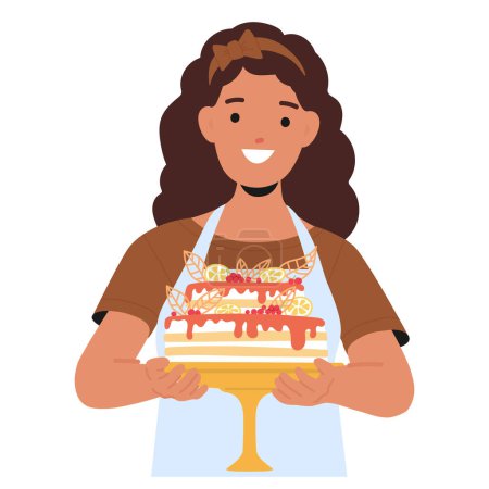 Téléchargez les illustrations : Femme rayonne de fierté, ses mains bercent un délicieux dessert fait maison, un témoignage de sa compétence culinaire, l'amour et la créativité. Ses yeux scintillent de joie et d'accomplissement. Illustration vectorielle - en licence libre de droit