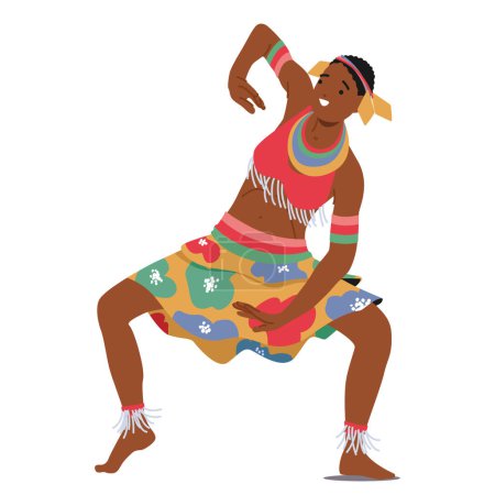 Ilustración de African Female Tribal Dancer Character With Vibrant Beads And Colorful Fabrics, Moves To The Rhythmic Drumbeats, Her Feet Bare, And Her Spirit Soaring Through Each Expressive Step. Ilustración vectorial - Imagen libre de derechos