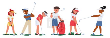 Illustration for Children Characters With Focused Expressions, Swing Their Clubs Gently, Chasing The Elusive Hole-in-one On A Miniature Golf Course, Laughter Filling The Air. Cartoon People Vector Illustration - Royalty Free Image