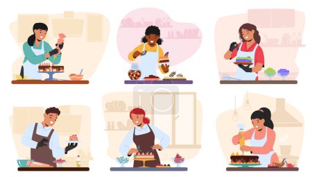 Illustration for Women Characters Joyfully Prepare Sweet Delights In The Cozy Kitchen, Blending Flavors And Crafting Desserts With Passion For Creating Delicious Desserts and Pastry. Cartoon People Vector Illustration - Royalty Free Image