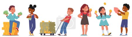 Illustration for Kids Characters With Money. Children Empower Financial Literacy and Education. Learn Money Basics, Saving, And Smart Spending To Instill Lifelong Financial Responsibility. Cartoon Vector Illustration - Royalty Free Image