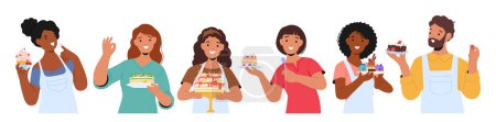 Radiant Women Hold Homemade Desserts With Pride, Sweet Masterpiece Reflecting their Culinary Prowess And Passion. Female Confectioner Characters Perform their Cakes. Cartoon People Vector Illustration