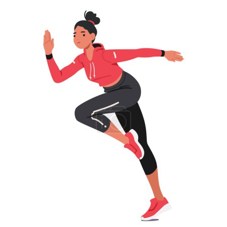 Téléchargez les illustrations : Dynamic Young Female Runner Character Propels Forward, Muscles In Rhythmic Harmony, Determination Radiates From Each Stride, Embodying Essence Of Athletic Prowess. Illustration vectorielle des personnages de bande dessinée - en licence libre de droit