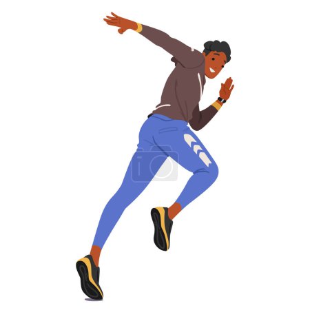 Young Man Runner Athletencharakter, angespannte Muskeln, selbstbewusste Schritte, Pumpen der Arme, Kopf fokussiert nach vorne, verkörpert Entschlossenheit und Stärke in dynamischer Laufhaltung. Menschen Vektor Illustration