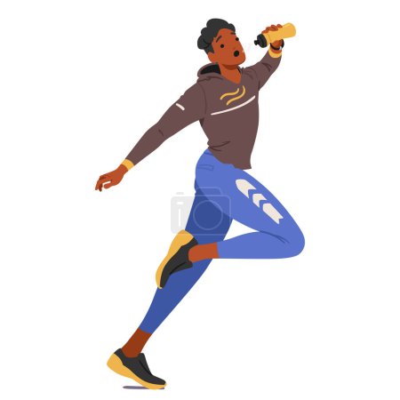 Illustration for Young Male Runner Character Tilting His Head Back Slightly, A Water Bottle To His Lips, Replenishing Hydration, Sportsman Embodying Vitality And Endurance. Cartoon People Vector Illustration - Royalty Free Image